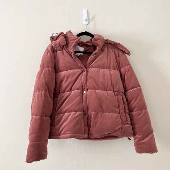 NWOT Rachel Parcell Velvet Puffer Hoodie Brick Jacket Large - Picture 2 of 7